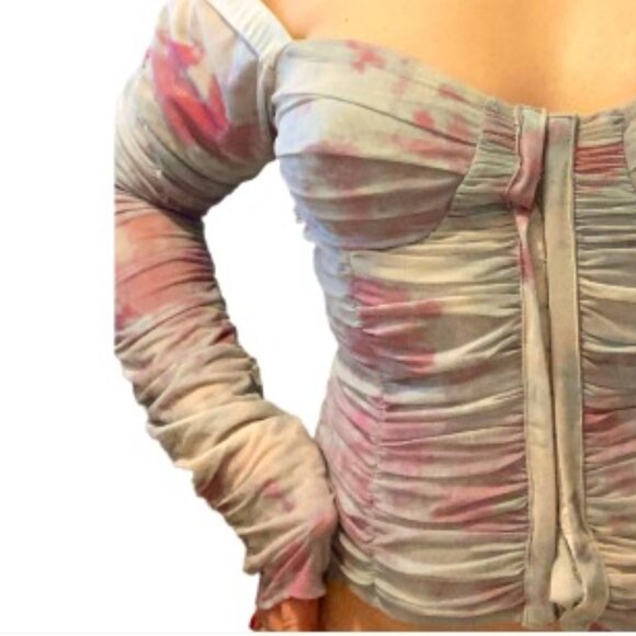 Free People Tops - Free People Long Sleeve Tie Dye Ruched Front Crop Top Size L NWOT